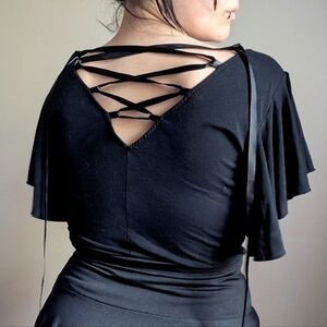 Y2K Lip Service Lace Up Back Split Flutter Sleeve Black Top Size 0X